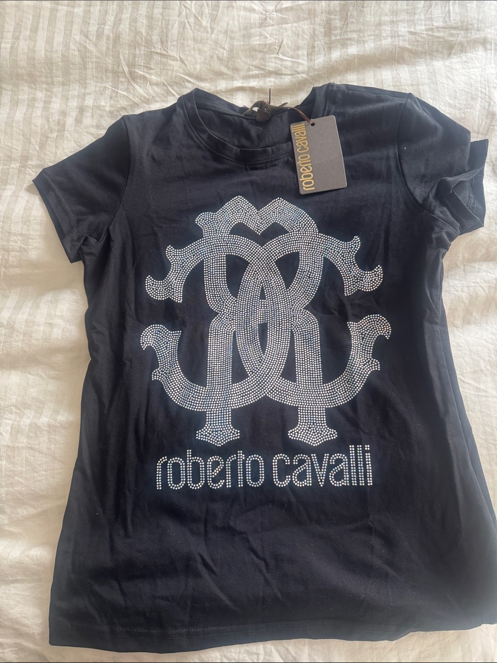 Roberto Cavalli Black Short Sleeve Tee with Silver Crystal Logo